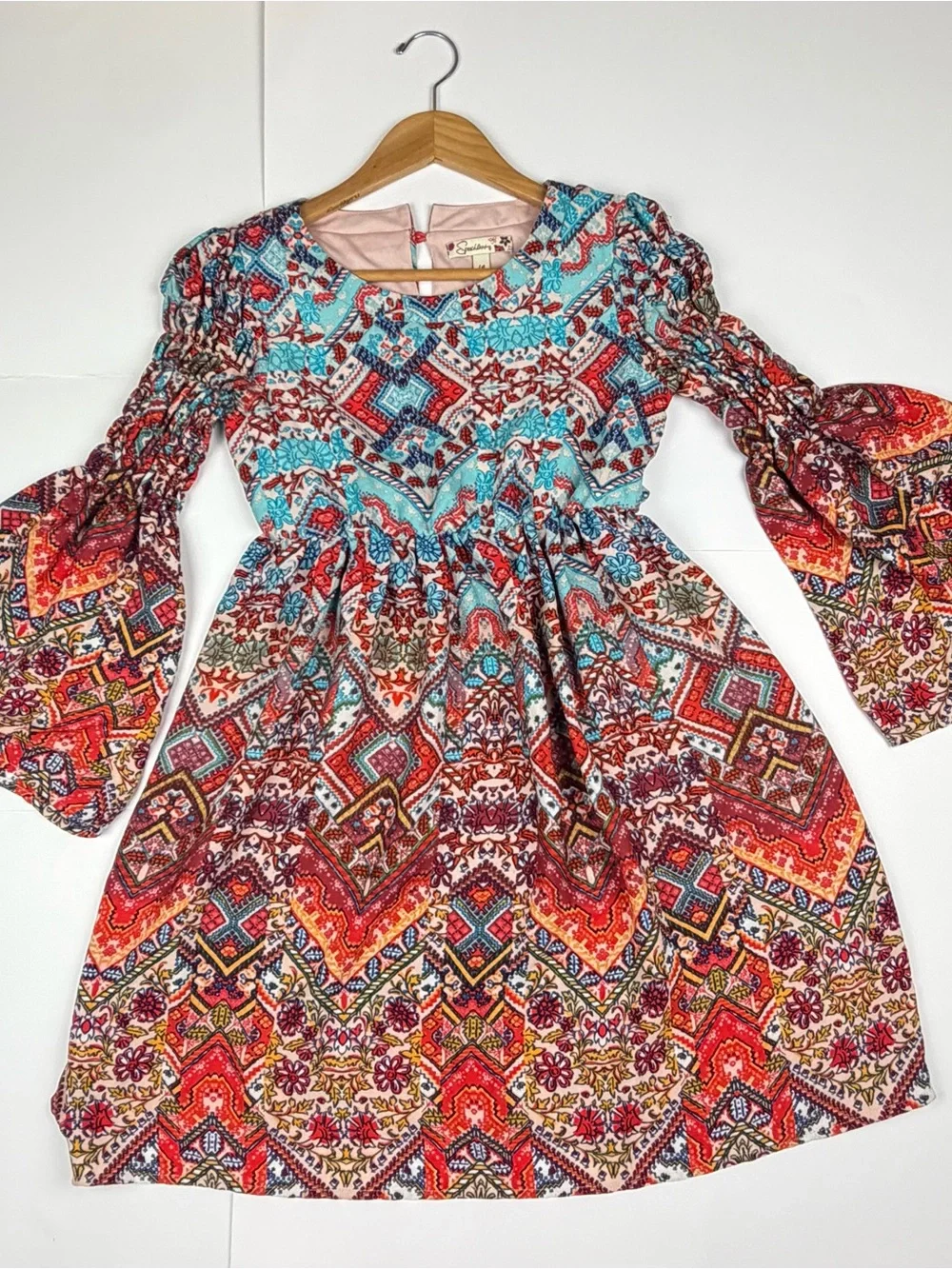 Speechless Boho Bohemian Dress Size 14 Multi Floral Geometric Bell Sleeve Mini